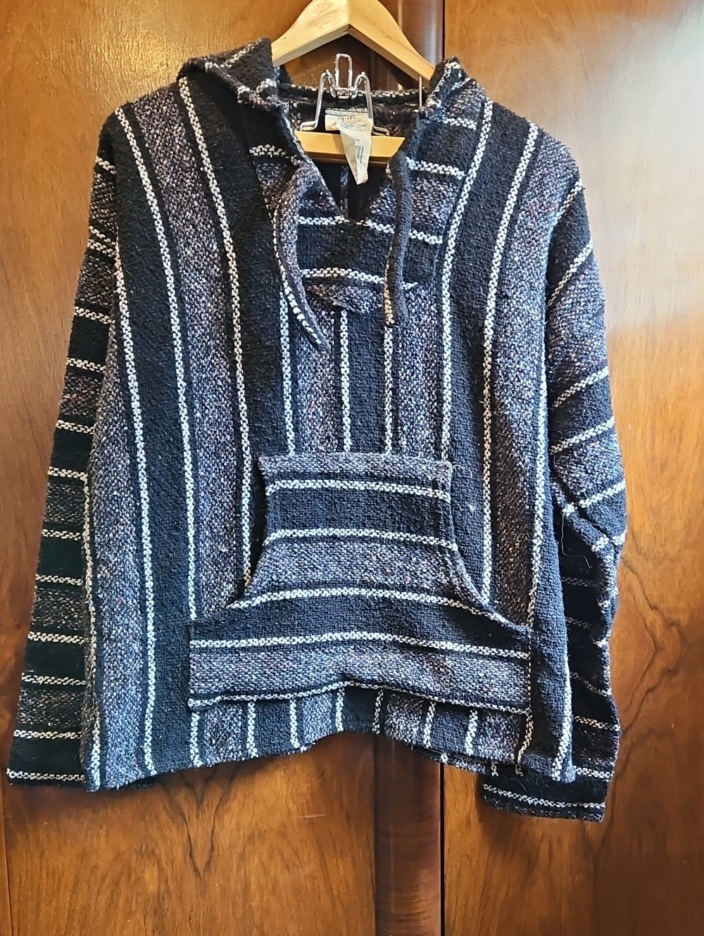 Men's Striped Hooded Baja Sweater - Black & Gray - Size L